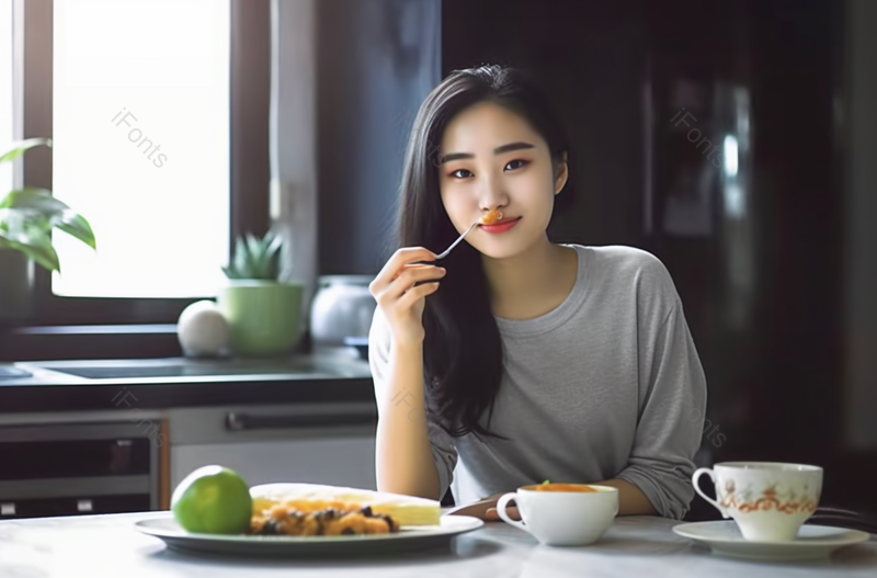 年轻女子在家吃早餐背景图,高清,摄影图,摄影图片,图片大全,摄影图免费下载